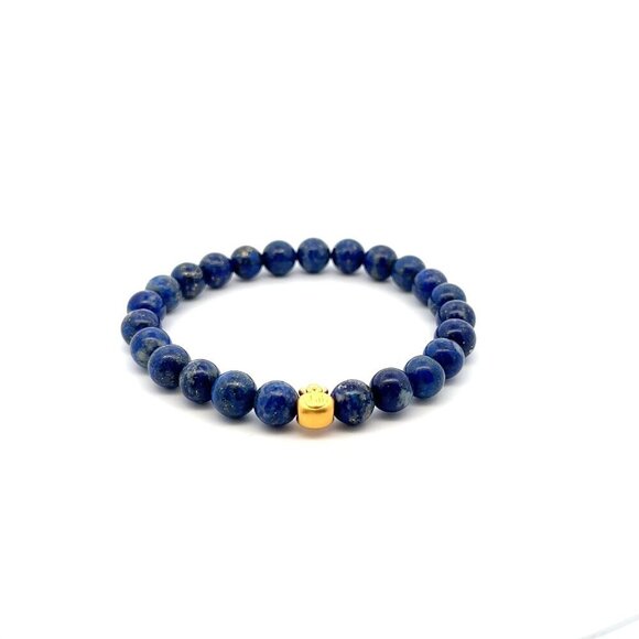 24K Gold Money Bag Stretchable Bracelet Gemstones Natural Lapis Lazuli 8mm S 7" - Picture 1 of 5